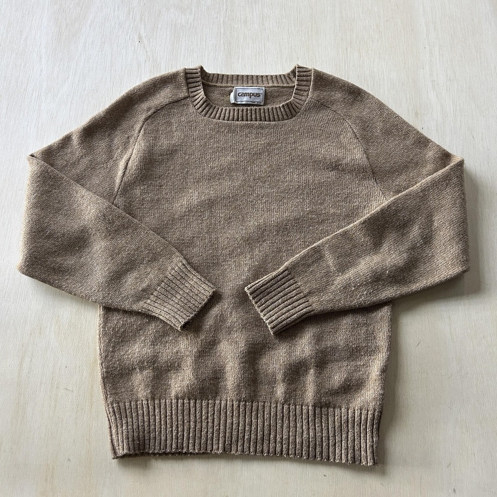 Vintage Campus Sweater Mens Medium Beige Tight Knit Crewneck Pullover USA Casual